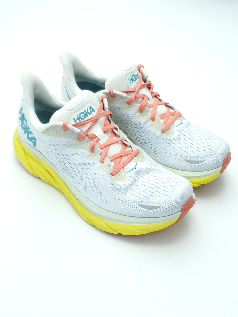 HOKA ONE ONE Clifton 8 Men’s White Coral Yellow Running Walking Gym Size 10.5-11
